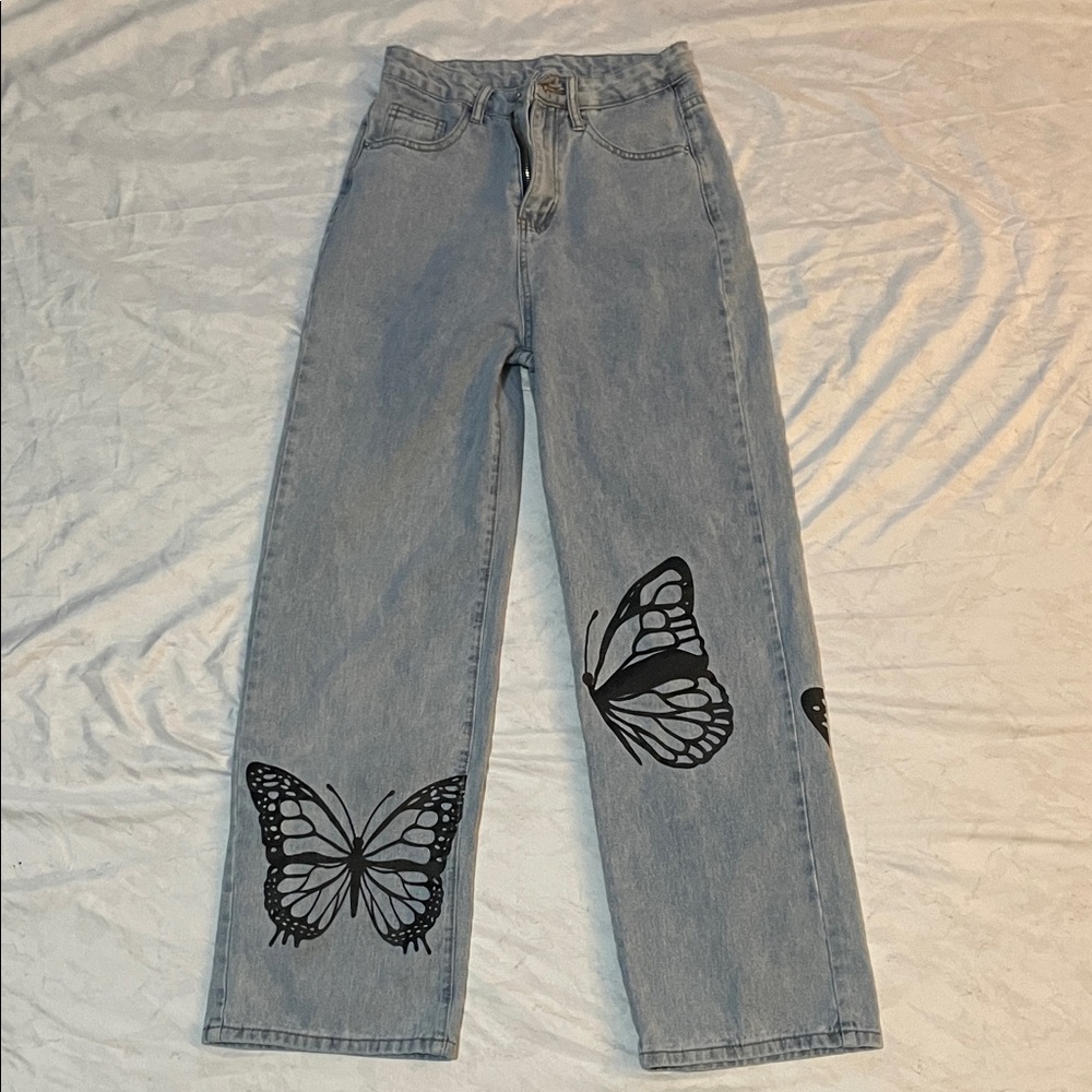 Garage Light Blue Women's Jeans with Black Butterfly Design - Picture 1 of 2